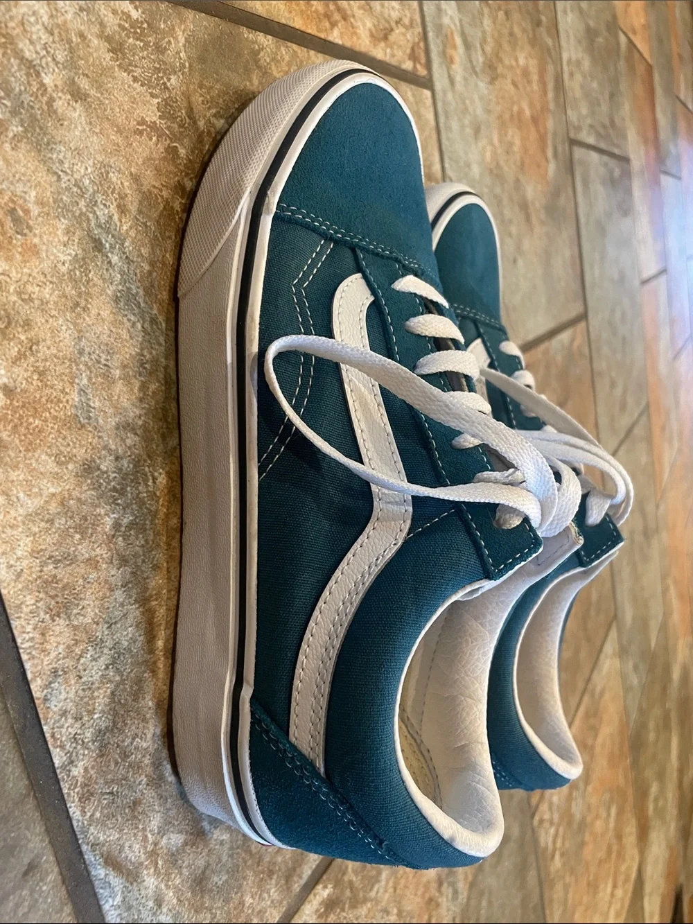Teal and White Low-Top Vans Skate Sneakers